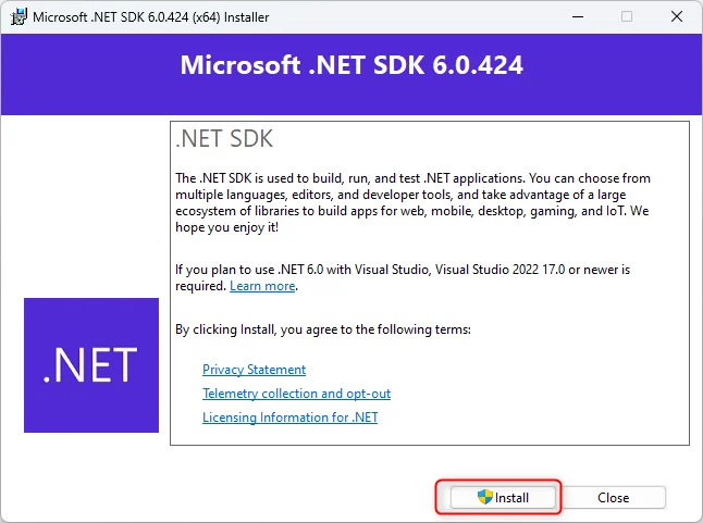 .NET 8 SDK installer welcome screen with Install button