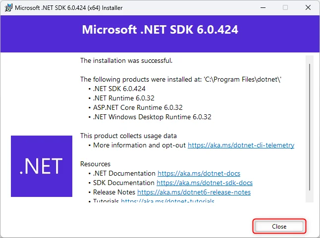 .NET 8 SDK installer completion screen with Close button