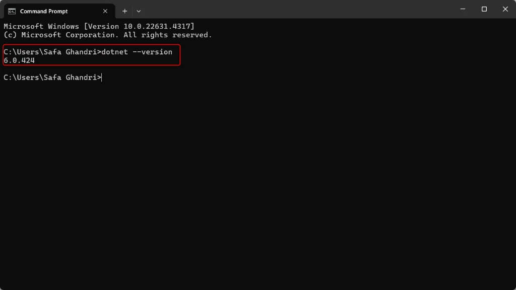 PowerShell terminal showing dotnet &ndash;version command output