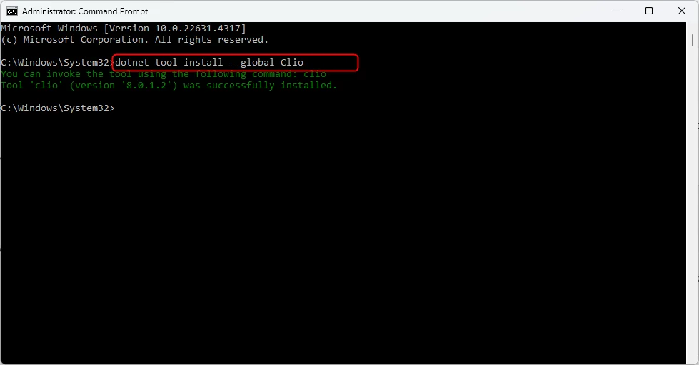 Terminal running dotnet tool install &ndash;global clio command