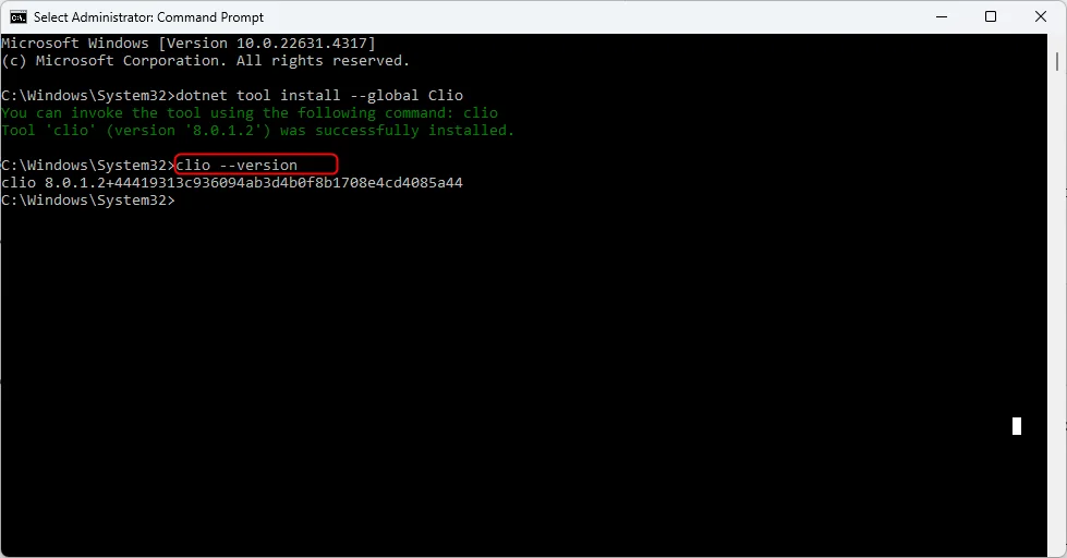 Terminal output showing clio &ndash;version confirming installation