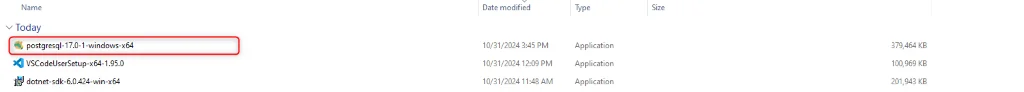 Downloaded PostgreSQL .exe installer in Windows Explorer