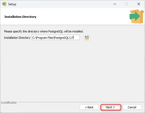 PostgreSQL installer Installation Directory selection step