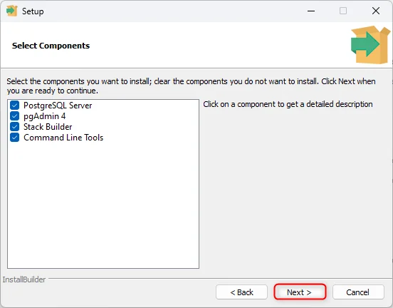 PostgreSQL installer Select Components step with pgAdmin checked