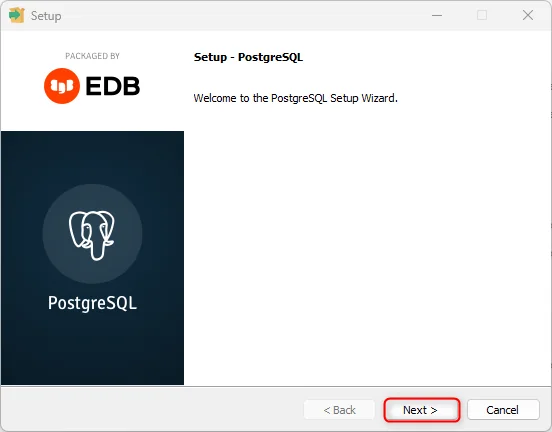 PostgreSQL Setup Wizard welcome screen