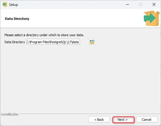 PostgreSQL installer Data Directory selection field