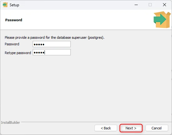 PostgreSQL installer postgres superuser password entry step