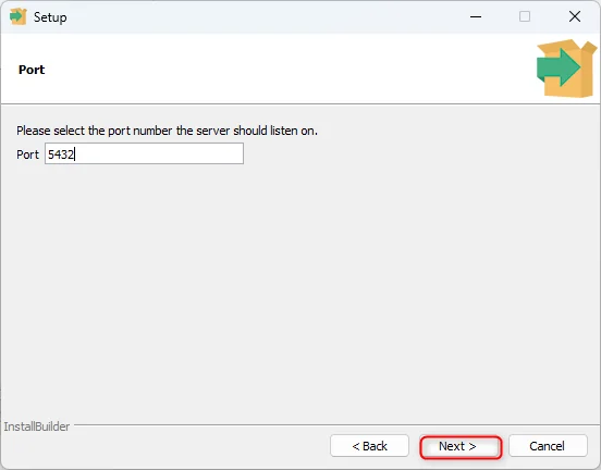 PostgreSQL installer Port number field set to 5432