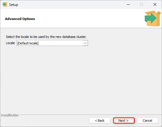 PostgreSQL installer Advanced Options server locale dropdown