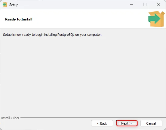 PostgreSQL installer Ready to Install confirmation step