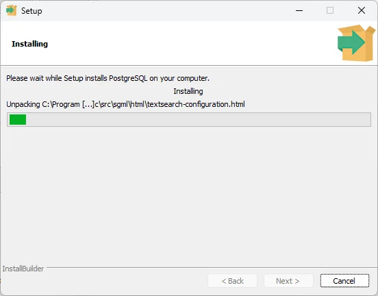 PostgreSQL installer running Installing files progress bar