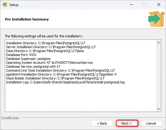 PostgreSQL installer Pre-Installation Summary review screen