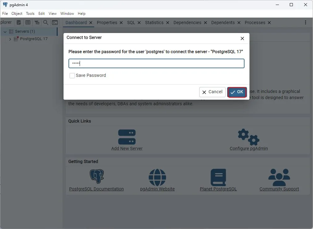 pgAdmin 4 Set Master Password dialog on first launch