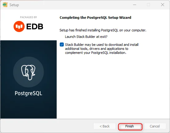 PostgreSQL installer Setup Complete Finish dialog