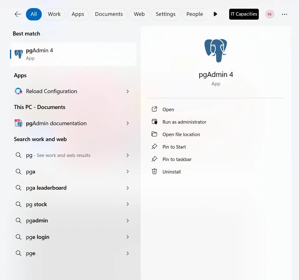Windows Start Menu showing pgAdmin 4 under PostgreSQL group