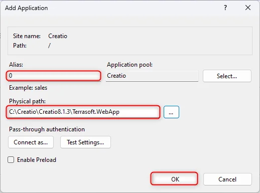 IIS Add Application dialog with alias 0 and Terrasoft.WebApp path
