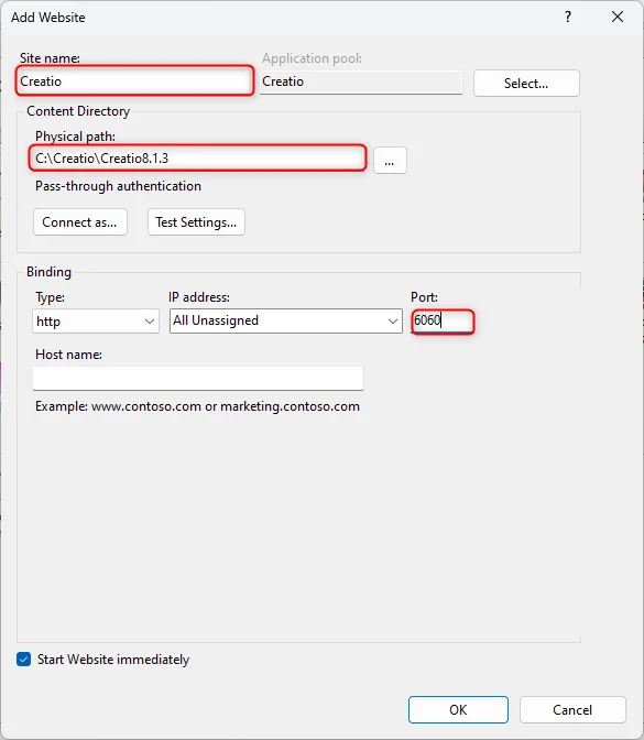 IIS Add Website dialog with Creatio name and physical path filled