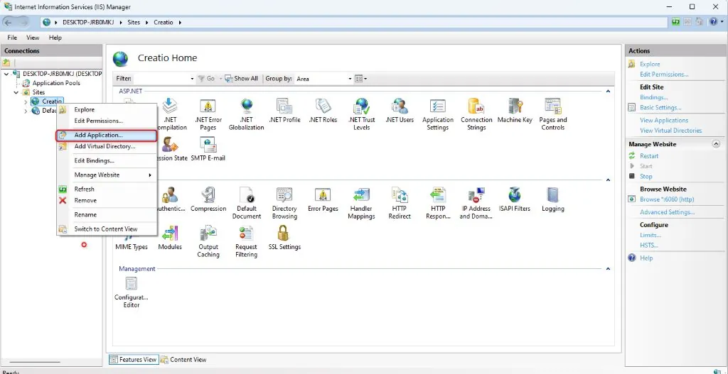 IIS Manager right-click menu with Add Website option