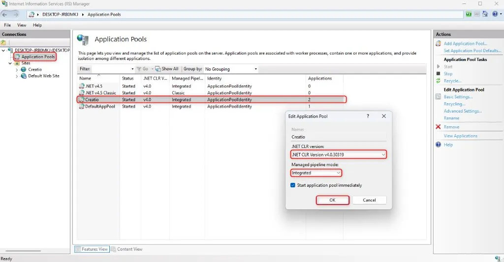IIS Application Pools list with Creatio app pool selected