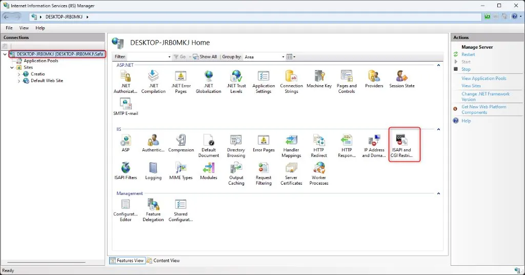 IIS Manager Home view with ISAPI and CGI Restrictions icon