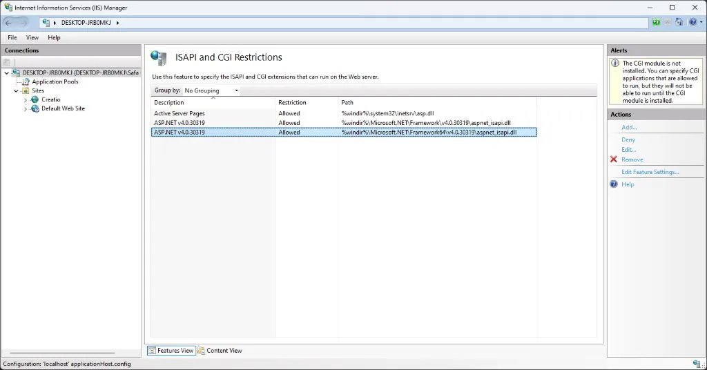 ISAPI and CGI Restrictions list with ASP.NET set to Allowed