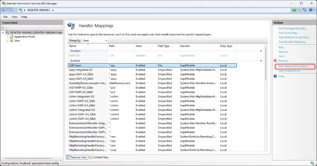 IIS Actions pane with Edit Feature Permissions link