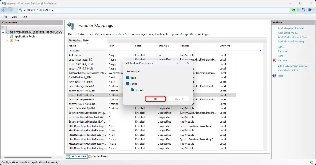 Edit Feature Permissions dialog with Read, Script, Execute checked