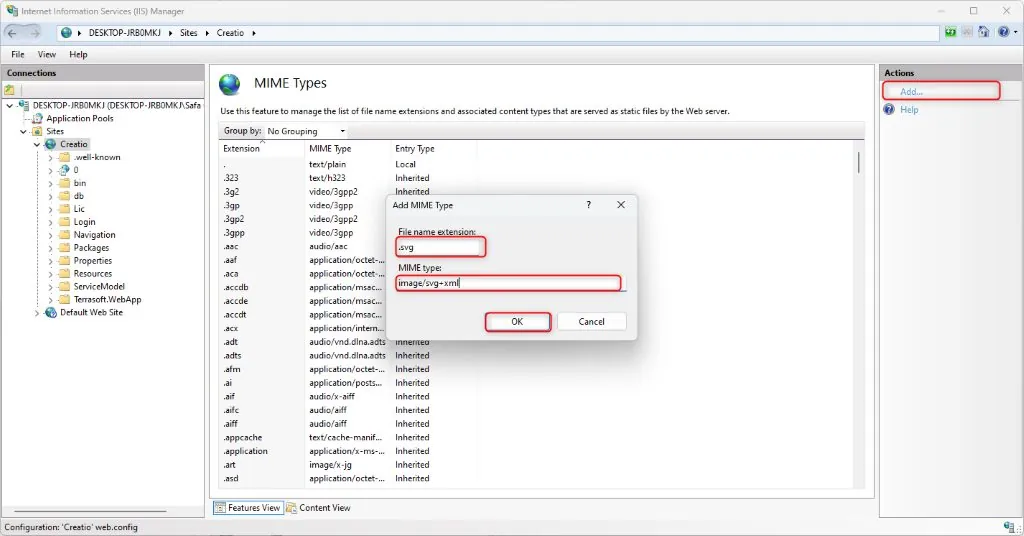 IIS Add MIME Type dialog adding svg image/svg+xml