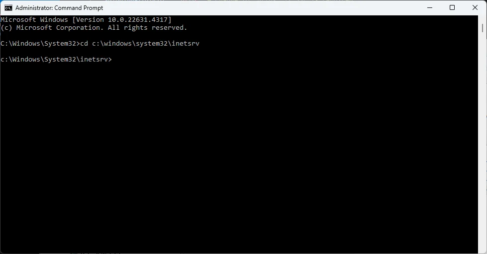 Admin Command Prompt navigated to Windows System32 inetsrv folder
