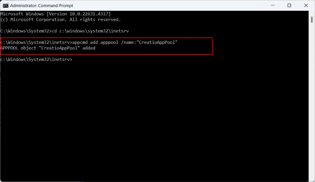 appcmd add apppool creating CreatioAppPool from terminal