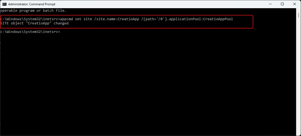 appcmd setting CreatioApp/0 subdirectory application pool