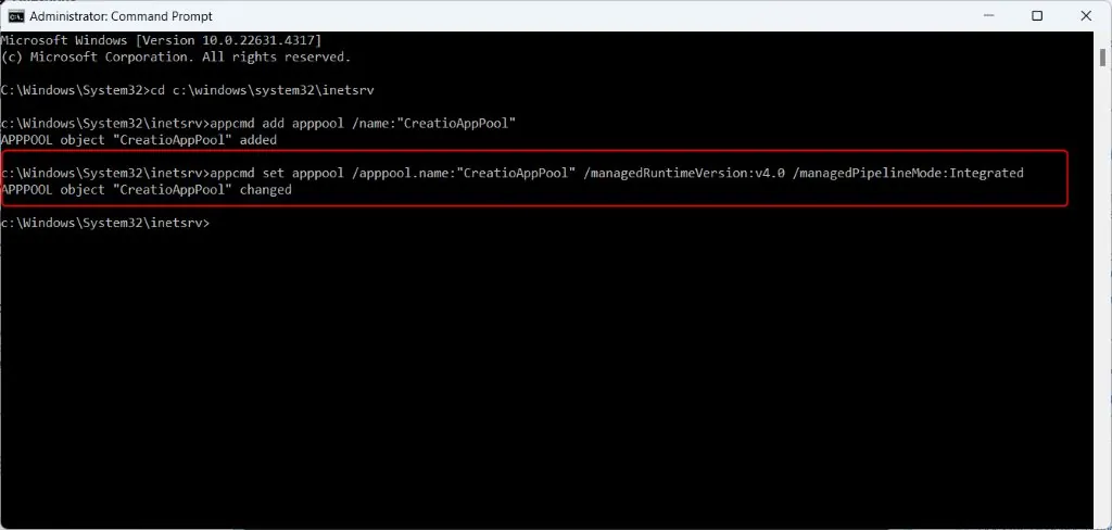 appcmd setting CreatioAppPool managedRuntimeVersion to v4.0 Integrated
