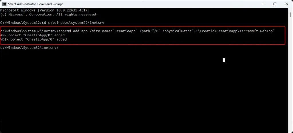 appcmd add app creating /0 subdirectory app under CreatioApp