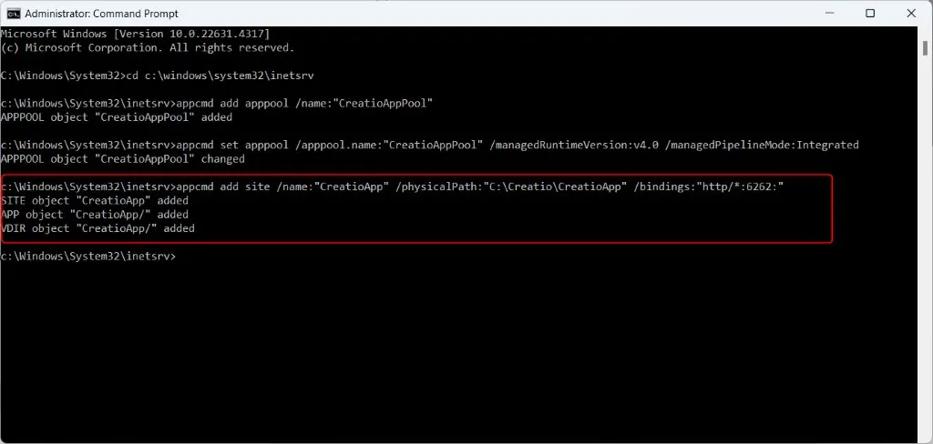 appcmd add site command creating CreatioApp on port 6262