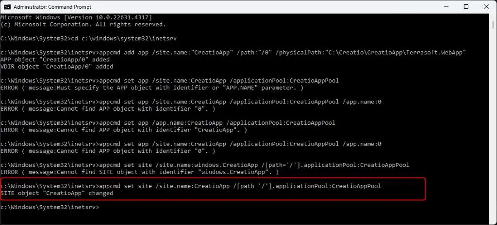 appcmd assigning CreatioAppPool as default application pool