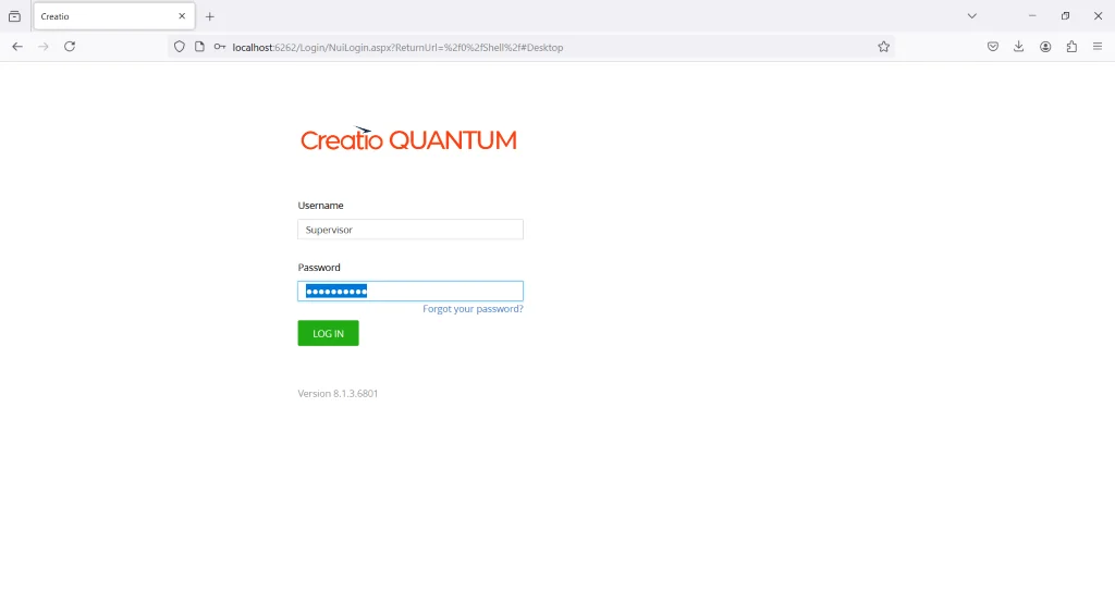Creatio login page in browser with Supervisor credential fields
