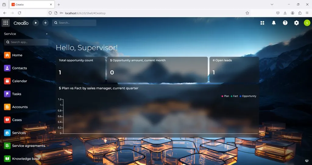 Creatio main dashboard after successful Supervisor login