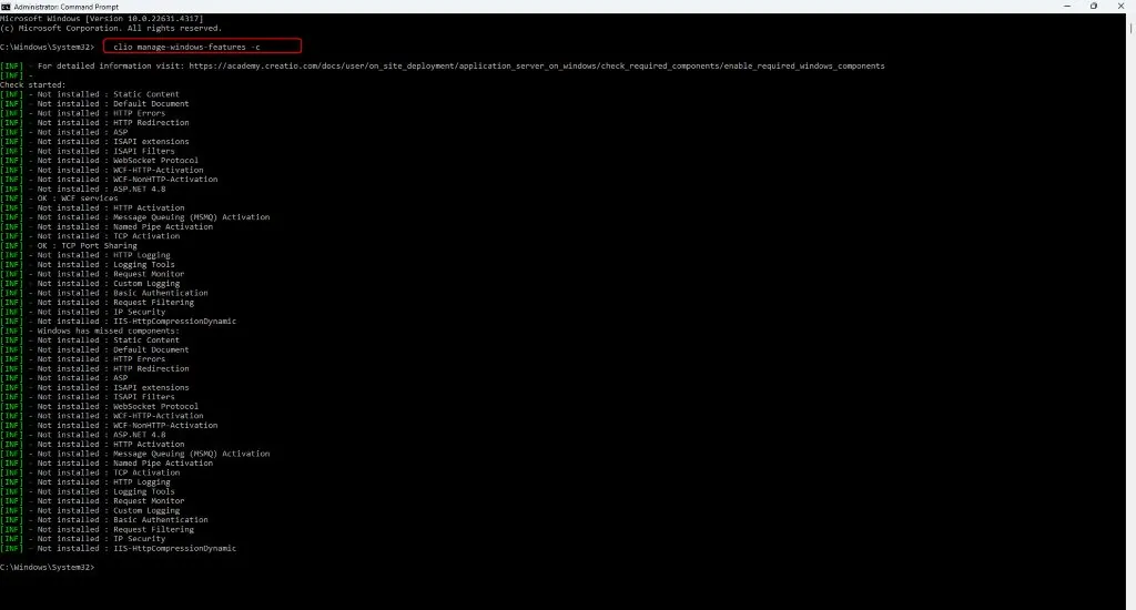 clio manage-windows-features -c output listing IIS feature status