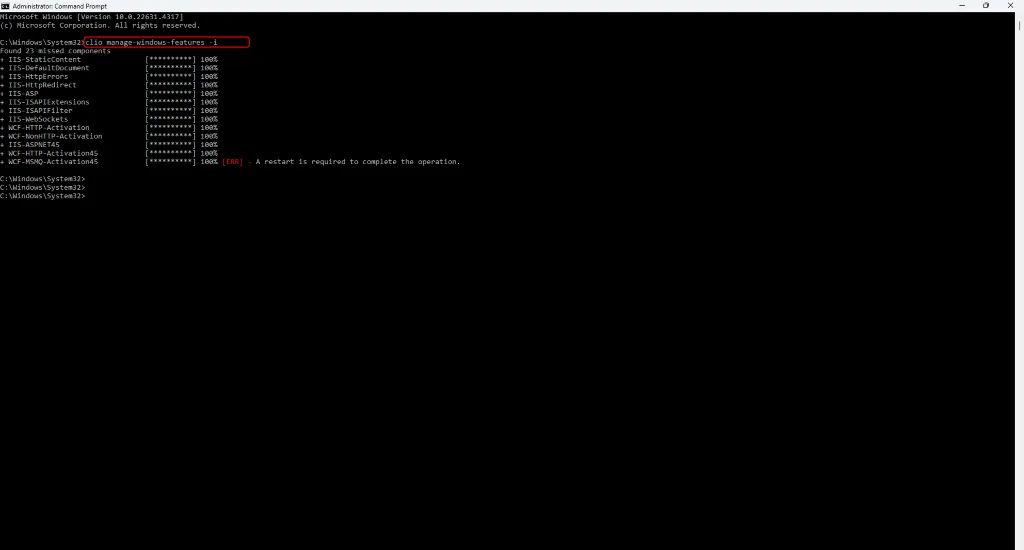 clio manage-windows-features -i installing IIS and ASP.NET features