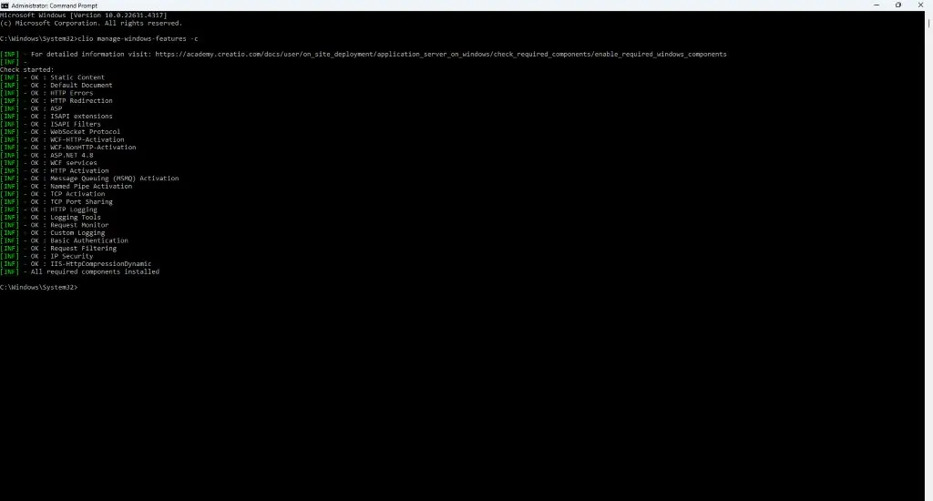 Windows feature install progress for HTTP Activation and WebSockets