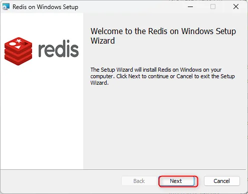Memurai installer welcome screen with Next button