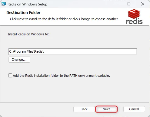 Memurai installer destination folder selection