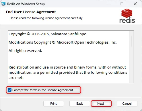 Memurai installer license agreement step