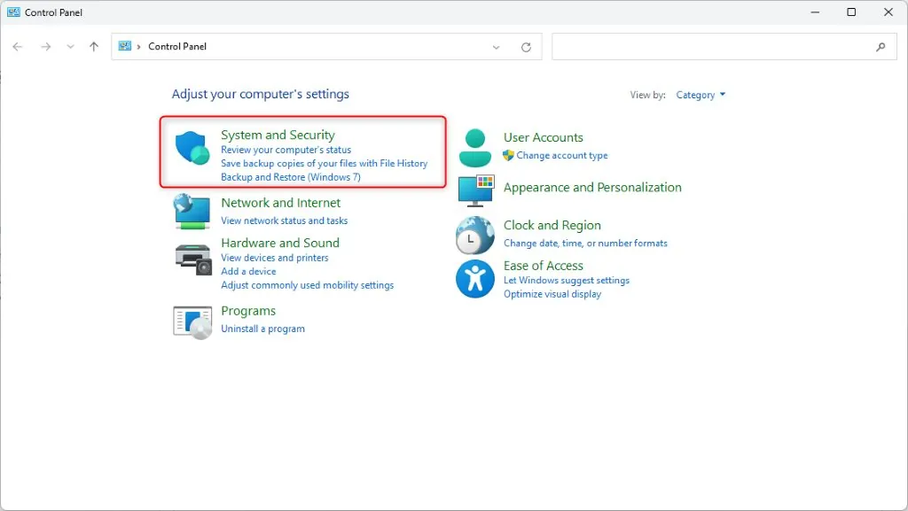 Windows Control Panel showing System and Security category
