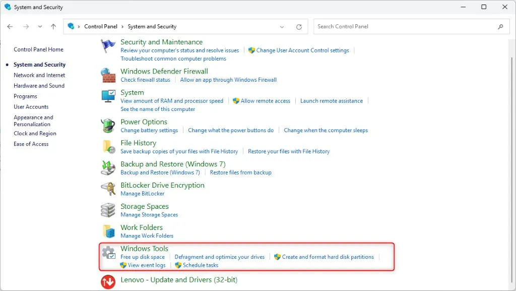 Windows Tools shortcut inside System and Security panel