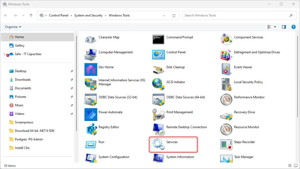 Windows Tools window with Services shortcut highlighted