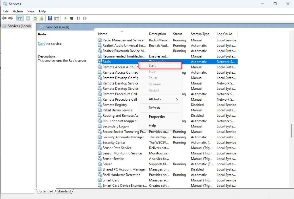 Windows Services console with Memurai Redis service selected