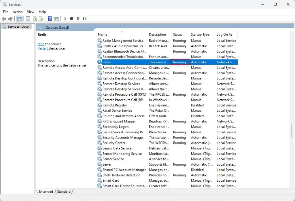 Windows Services showing Redis service status as Running