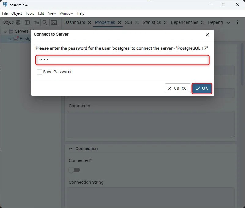 pgAdmin connected to PostgreSQL server in browser tree