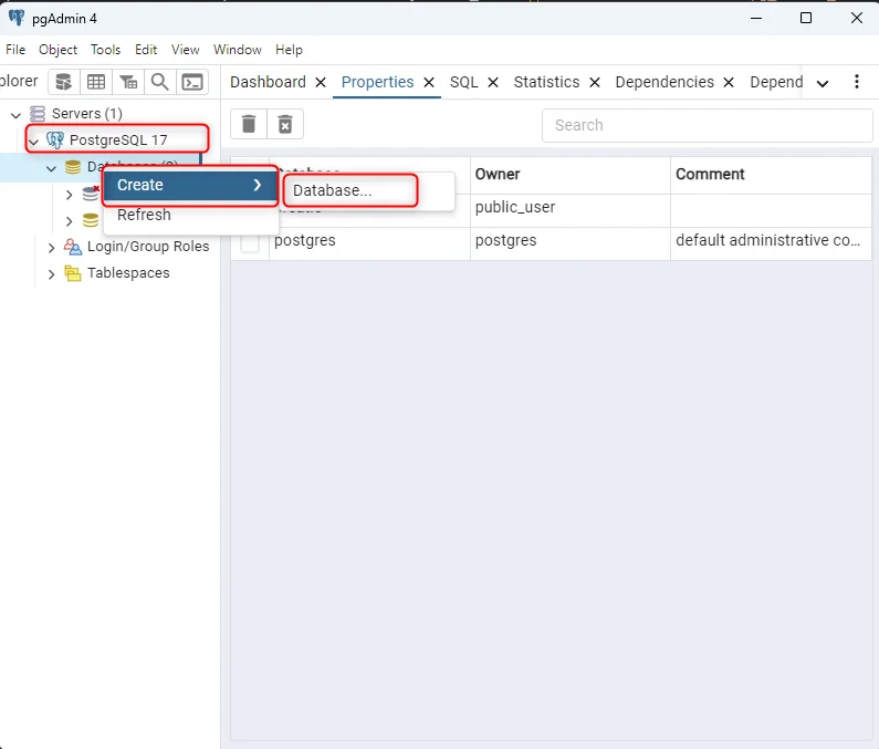 pgAdmin Databases node right-click menu with Create Database